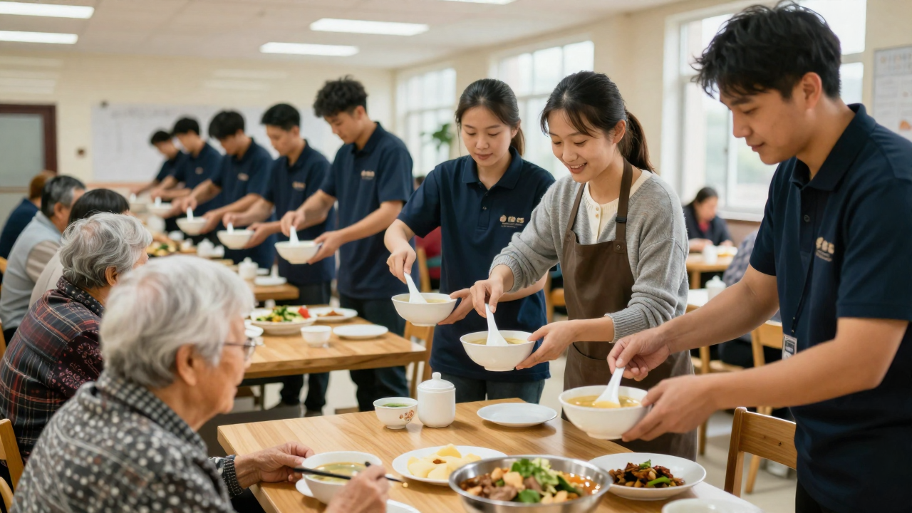 어르신들에게 삼계탕을 나눠주는 봉사자