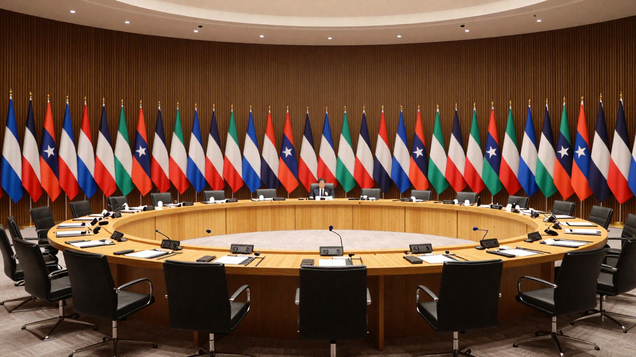 국제 회의장 원탁과 각국 국기