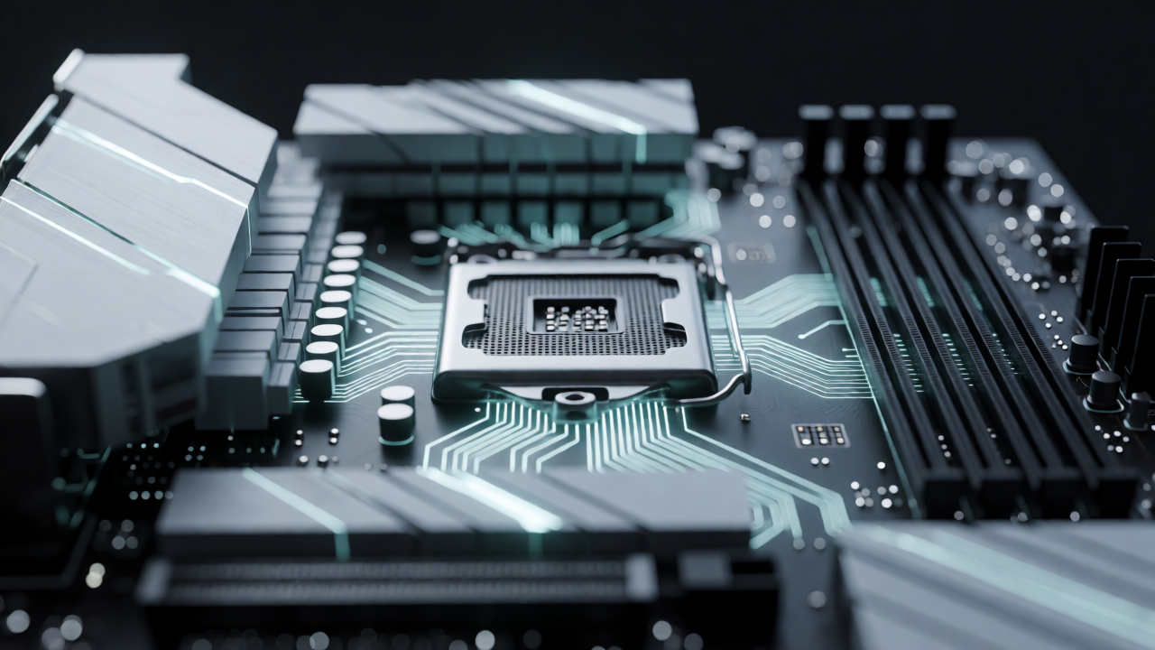서버 메인보드의 CPU 소켓과 회로 패턴 클로즈업