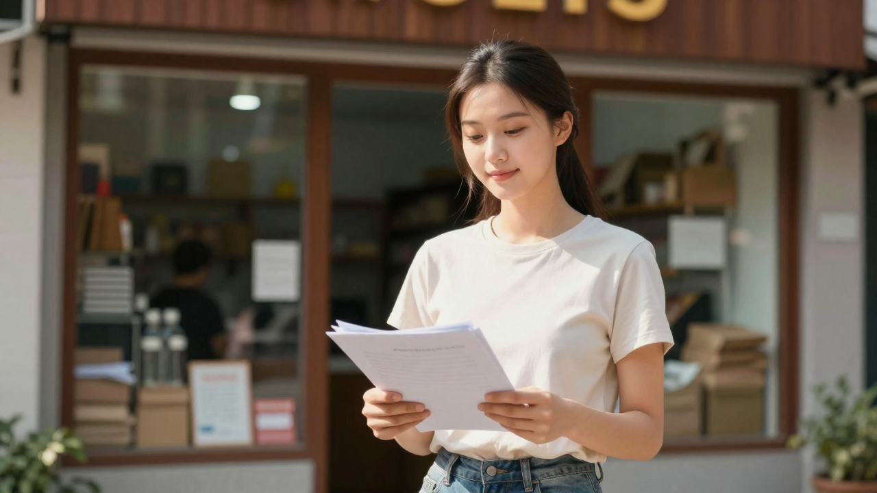 작은 상점 앞에서 서류를 검토하는 소상공인의 모습