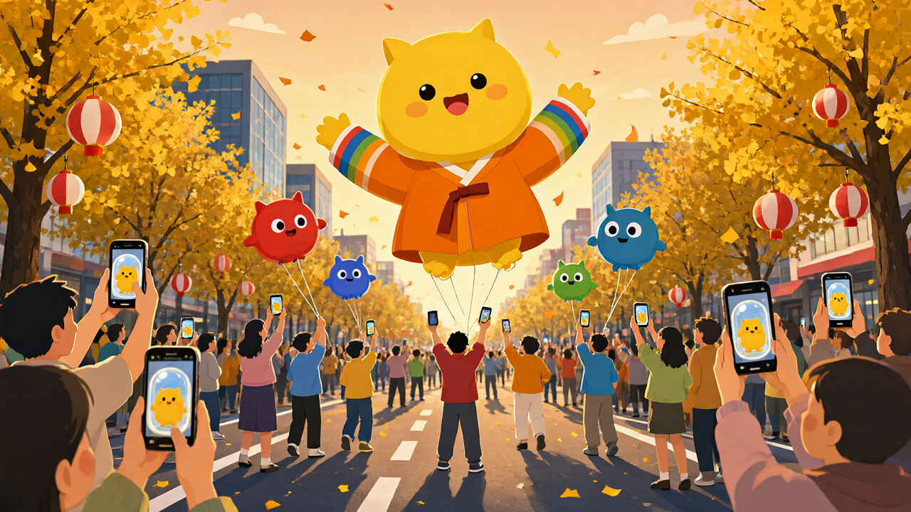 은행나무 가로수길 위로 주황색 한복을 입은 노란 몬스터 풍선이 떠 있고 시민들이 스마트폰을 들고 퍼레이드를 구경하는 일러스트